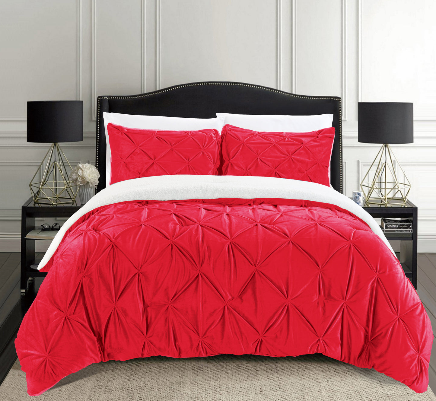 Luxury Bedding Outlet 3-Piece Pinch Pleated Micro-Suede Reversible Sherpa Comforter Set