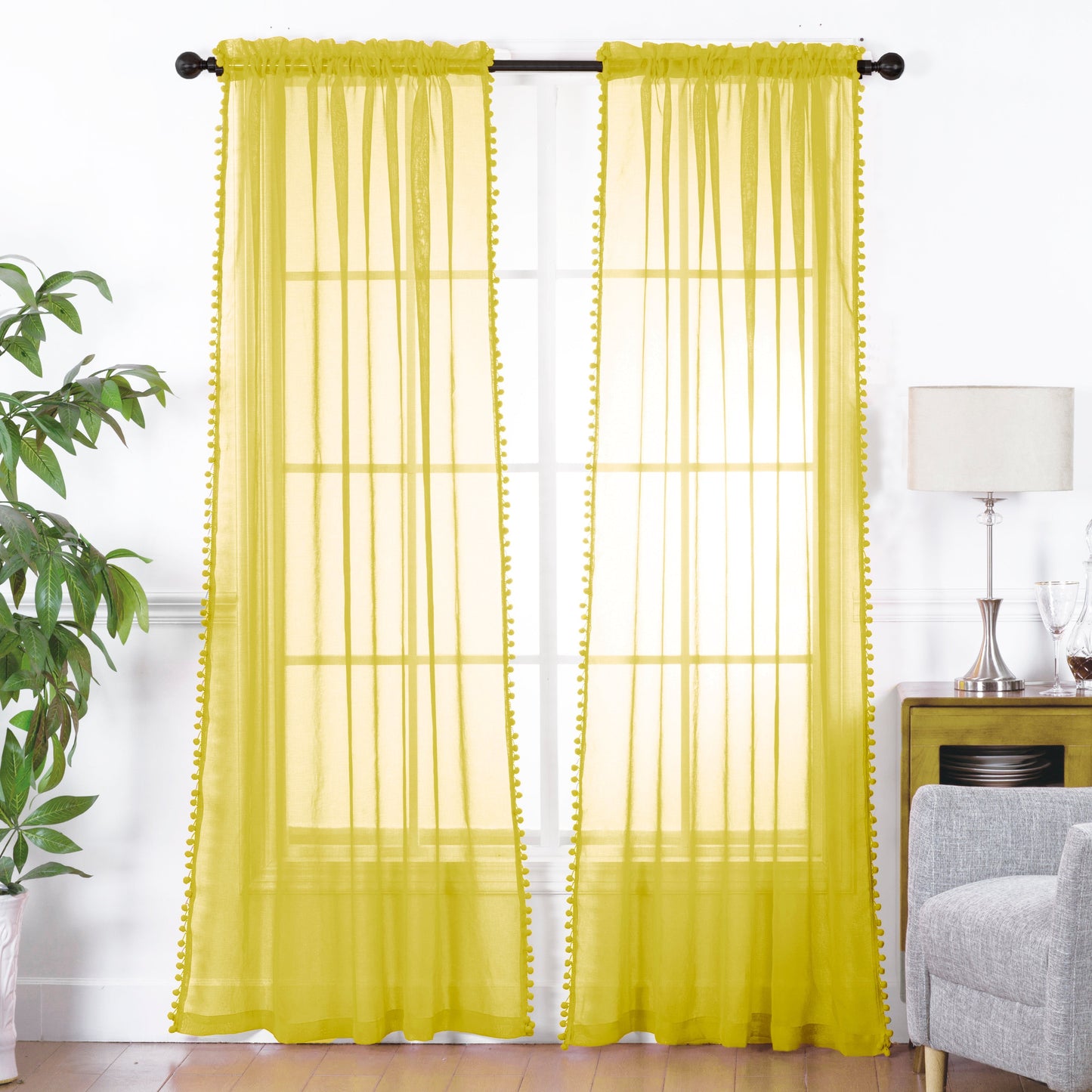 Luxury Bedding Outlet Pom Pom Tasseled Rod Pocket Sheer Curtain