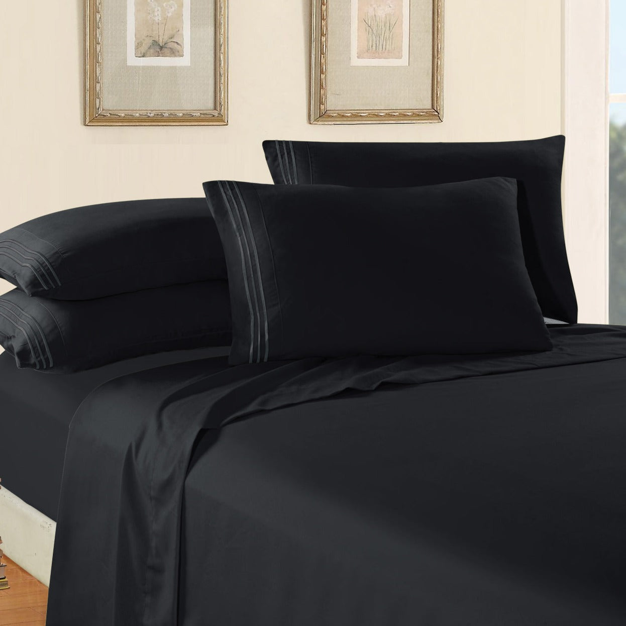 Luxury Bedding Outlet Premium Quality 6-Piece 3-Line Embroidery Sheet Set, Moody Shades