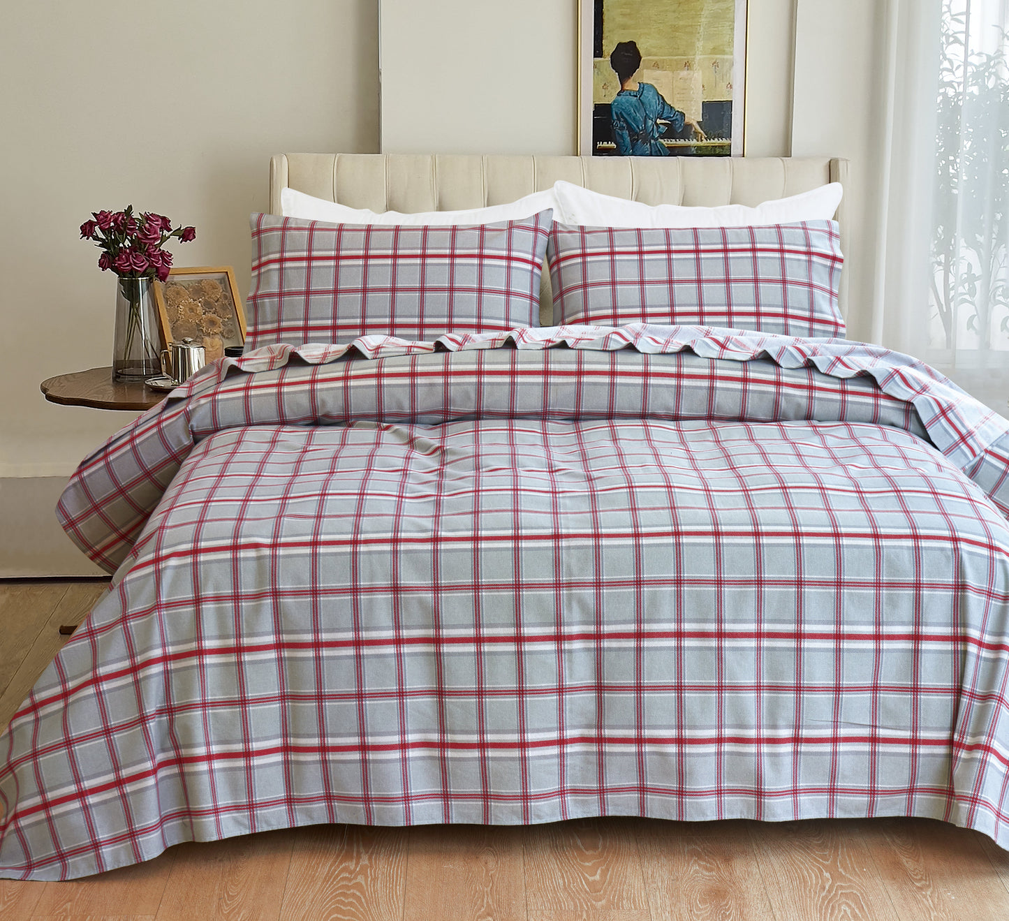 Luxury Bedding Outlet 4-Piece Flannel Plaid Turkish Cotton Bed Sheet Set