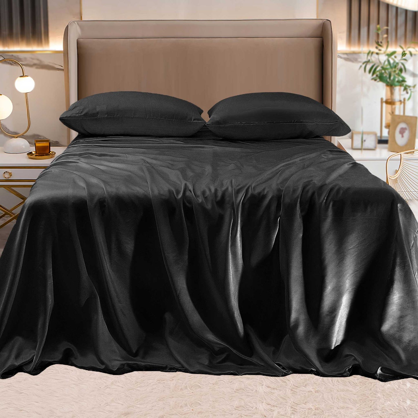 Luxury Bedding Outlet Fine 4-Piece Silky Satin Sheet Set, Moody Shades