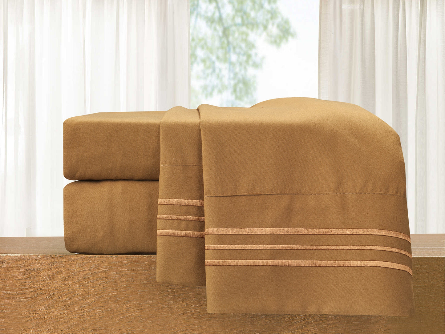 Luxury Bedding Outlet Premium Quality 4-Piece 3-Line Embroidery Sheet Set, Moody Shades