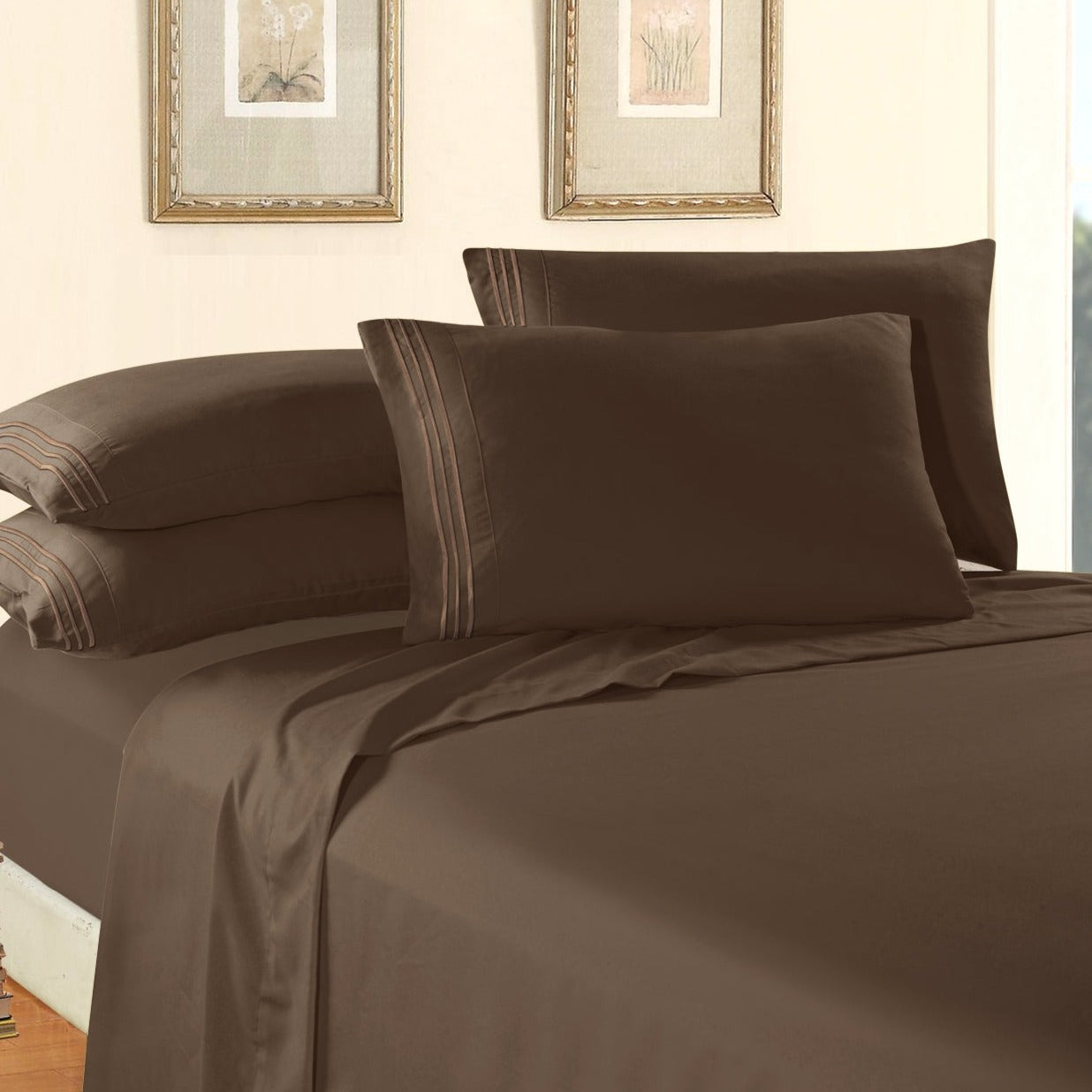 Luxury Bedding Outlet Premium Quality 6-Piece 3-Line Embroidery Sheet Set, Moody Shades