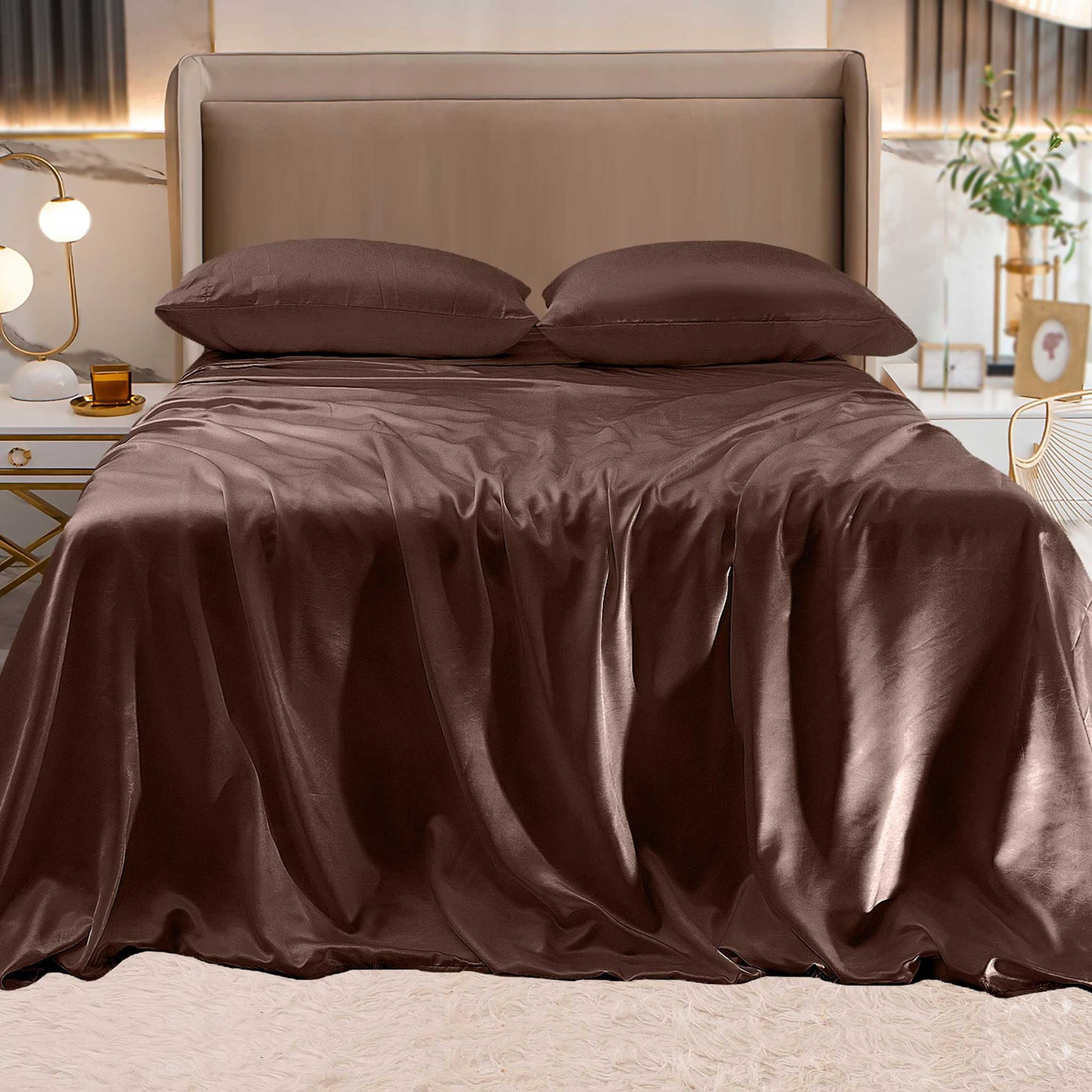 Luxury Bedding Outlet Fine 4-Piece Silky Satin Sheet Set, Moody Shades
