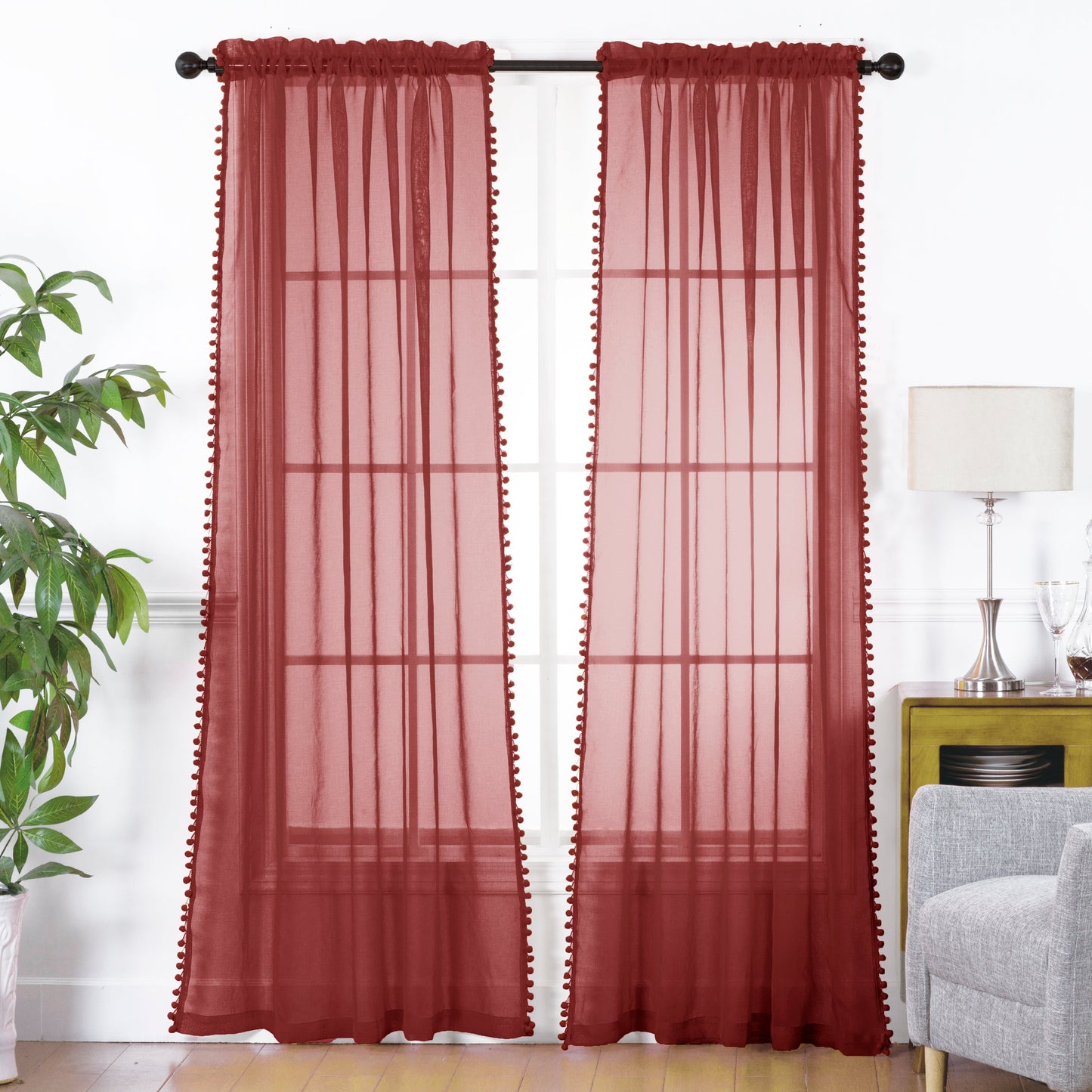 Luxury Bedding Outlet Pom Pom Tasseled Rod Pocket Sheer Curtain