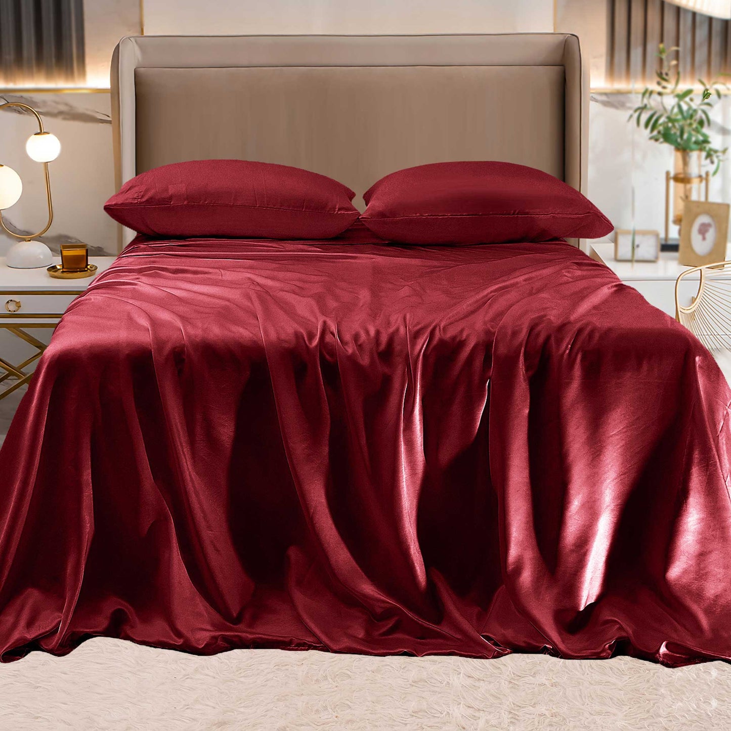 Luxury Bedding Outlet Fine 4-Piece Silky Satin Sheet Set, Bright Shades