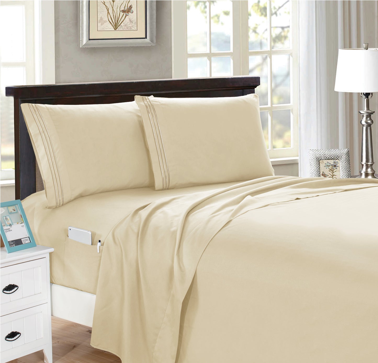 Luxury Bedding Outlet 4 Piece Double Sided Smart Pocket Bed Sheet Set