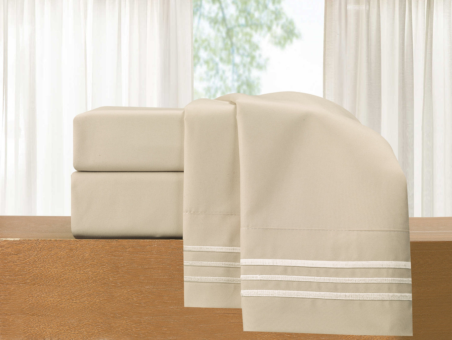 Luxury Bedding Outlet Premium Quality 4-Piece 3-Line Embroidery Sheet Set, Bright Shades