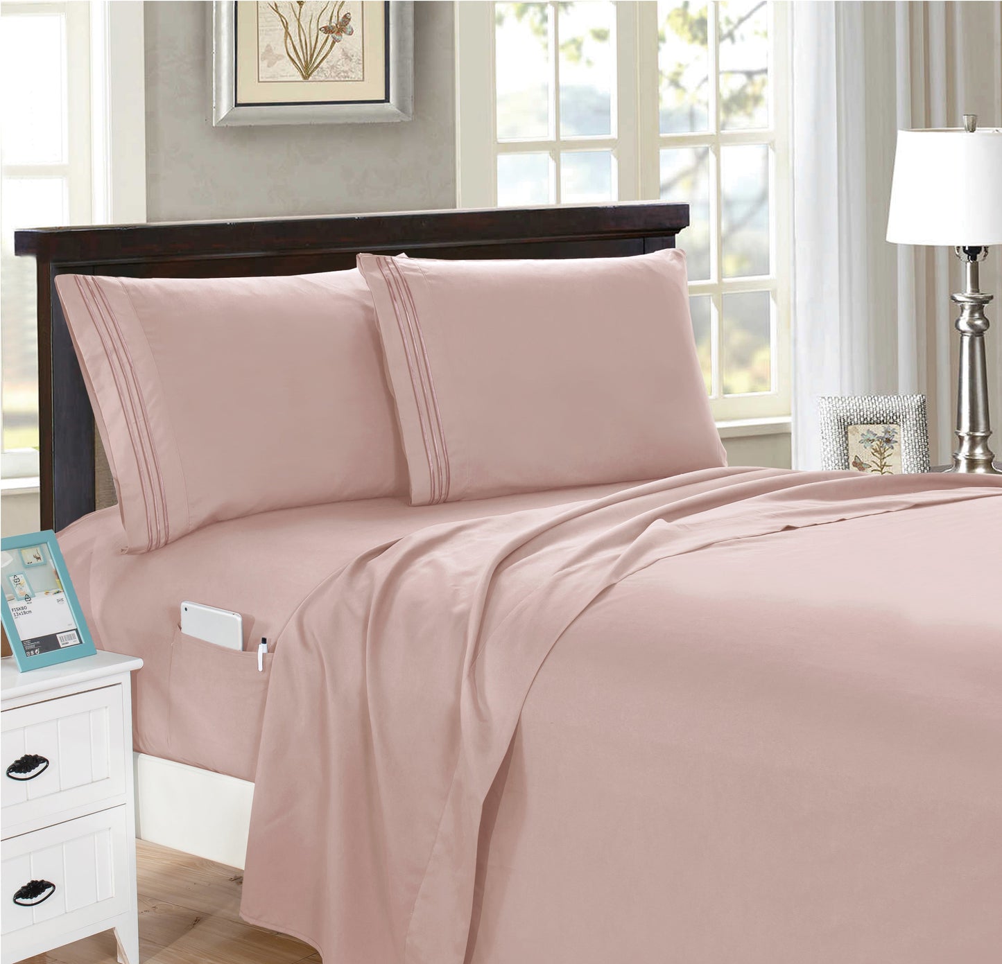 Luxury Bedding Outlet 4 Piece Double Sided Smart Pocket Bed Sheet Set