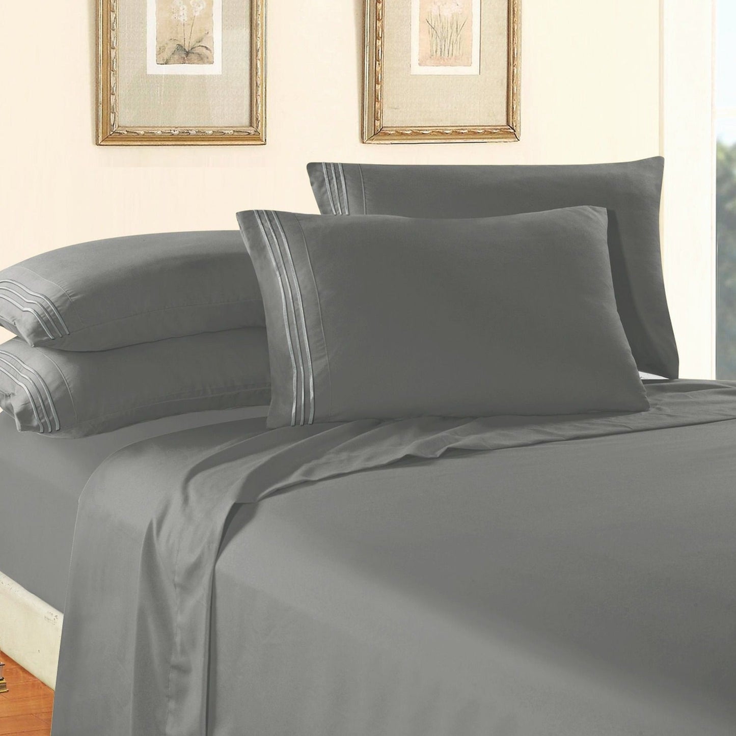 Luxury Bedding Outlet Premium Quality 6-Piece 3-Line Embroidery Sheet Set, Moody Shades