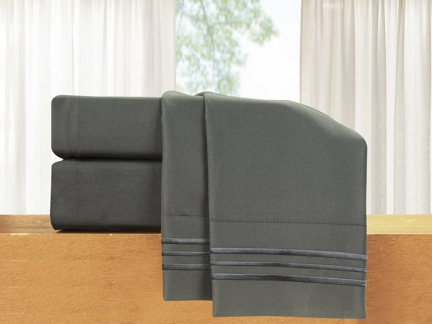 Luxury Bedding Outlet Premium Quality 4-Piece 3-Line Embroidery Sheet Set, Moody Shades