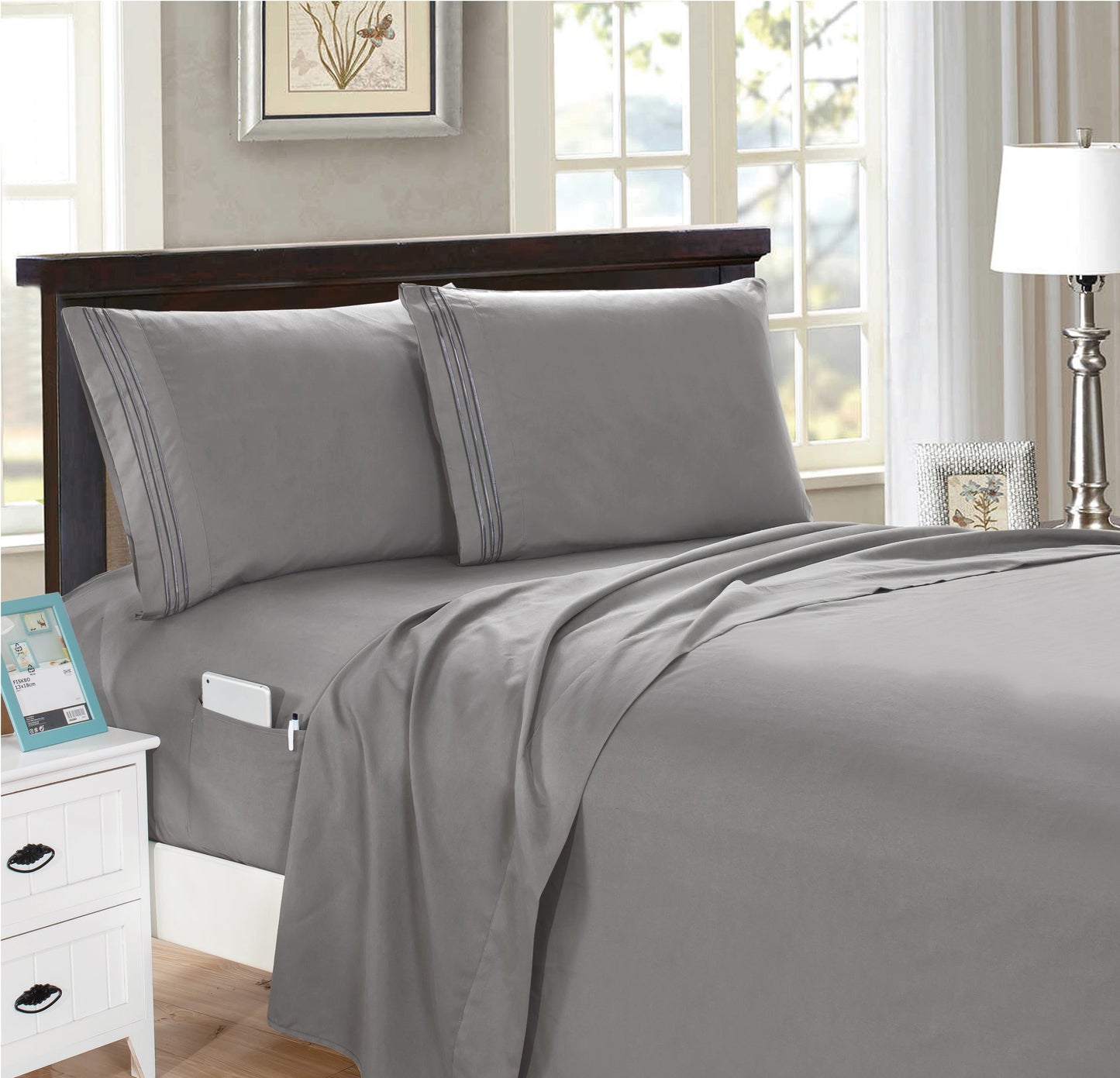 Luxury Bedding Outlet 4 Piece Double Sided Smart Pocket Bed Sheet Set