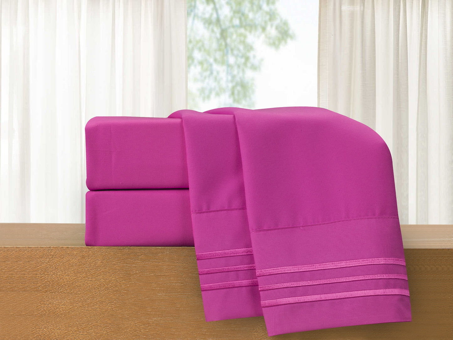 Luxury Bedding Outlet Premium Quality 4-Piece 3-Line Embroidery Sheet Set, Bright Shades