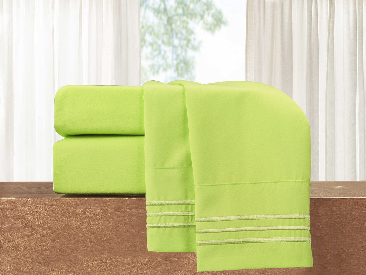 Luxury Bedding Outlet Premium Quality 4-Piece 3-Line Embroidery Sheet Set, Bright Shades