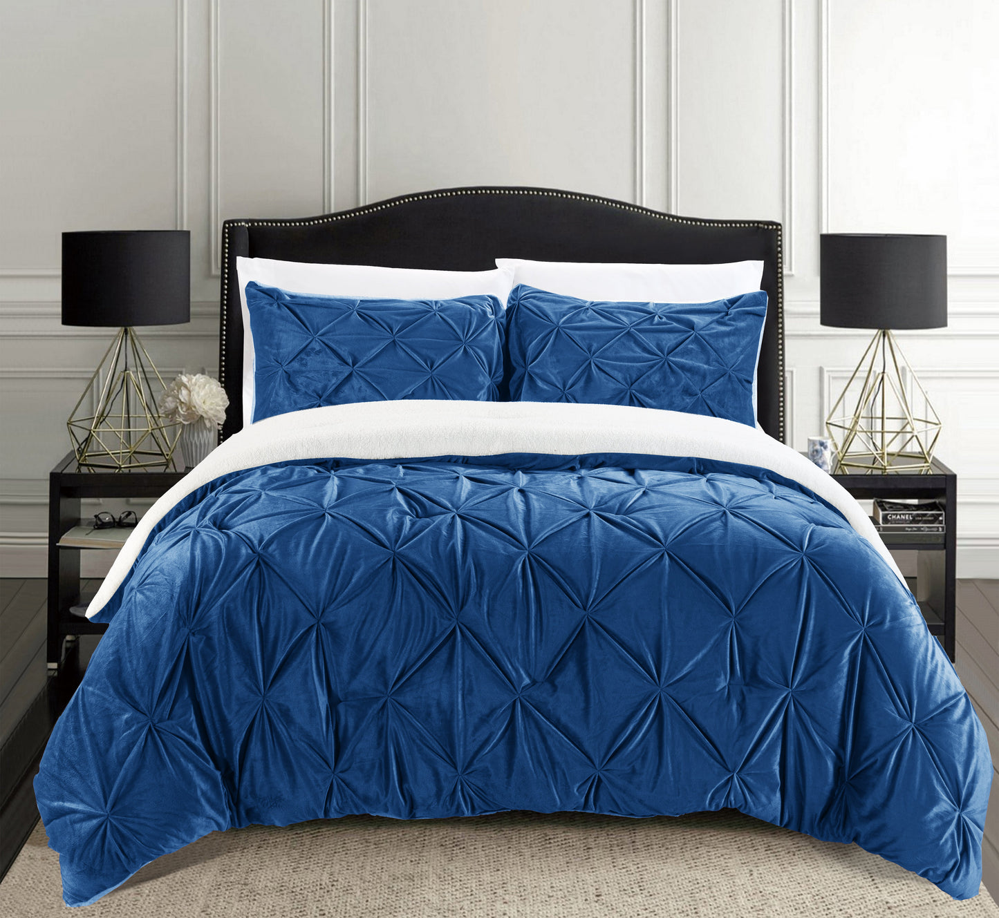 Luxury Bedding Outlet 3-Piece Pinch Pleated Micro-Suede Reversible Sherpa Comforter Set