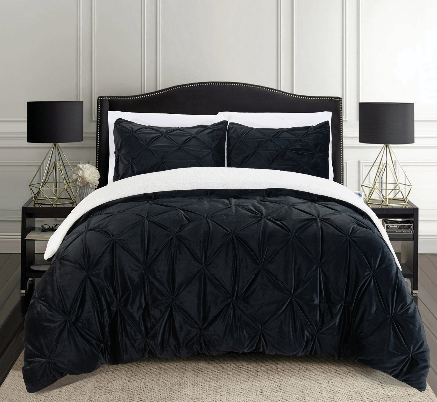 Luxury Bedding Outlet 3-Piece Pinch Pleated Micro-Suede Reversible Sherpa Comforter Set