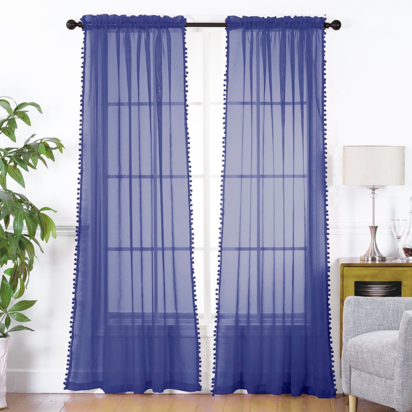 Luxury Bedding Outlet Pom Pom Tasseled Rod Pocket Sheer Curtain