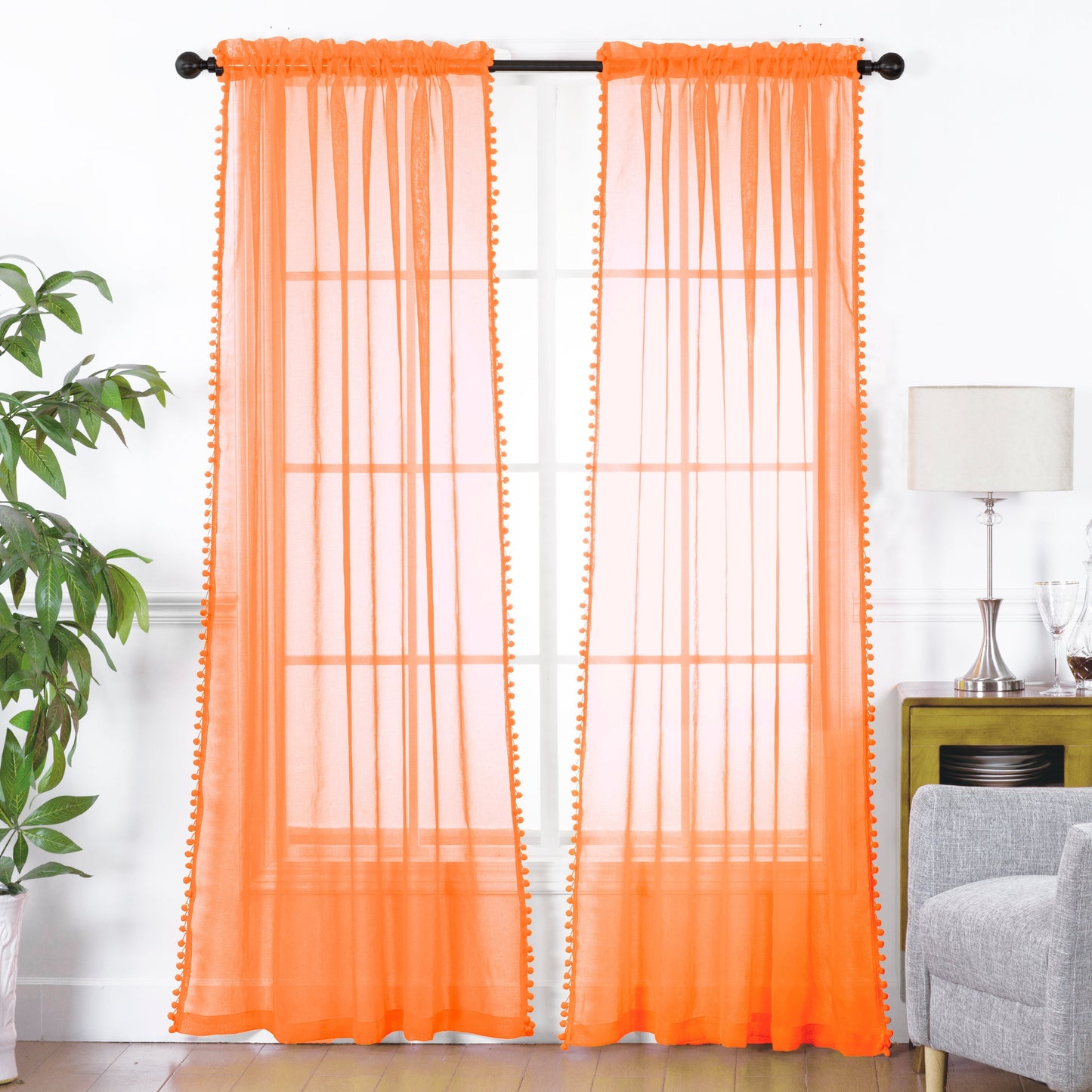 Luxury Bedding Outlet Pom Pom Tasseled Rod Pocket Sheer Curtain