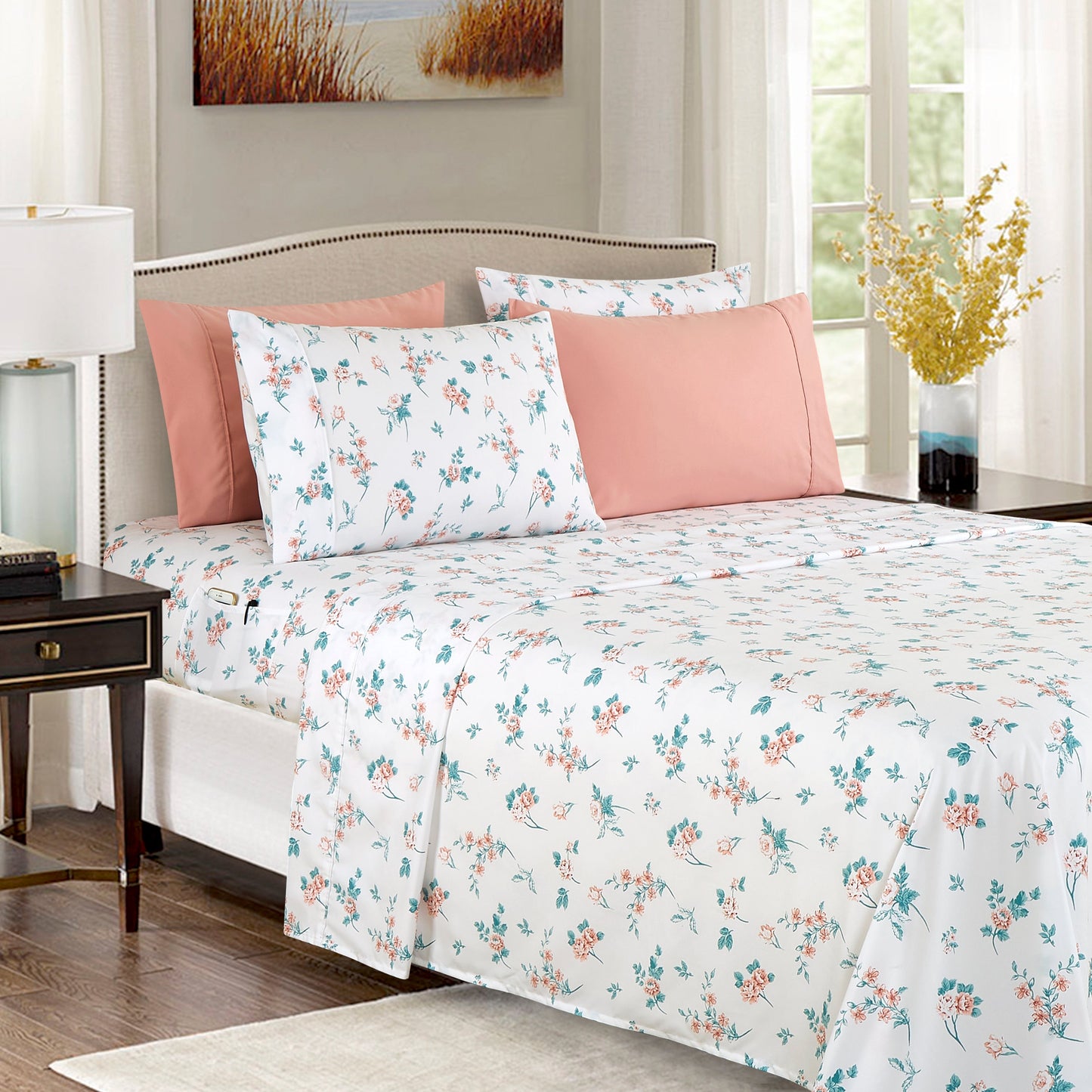 Luxury Bedding Outlet 6-Piece Floral and Stripe Pattern Sheet Set