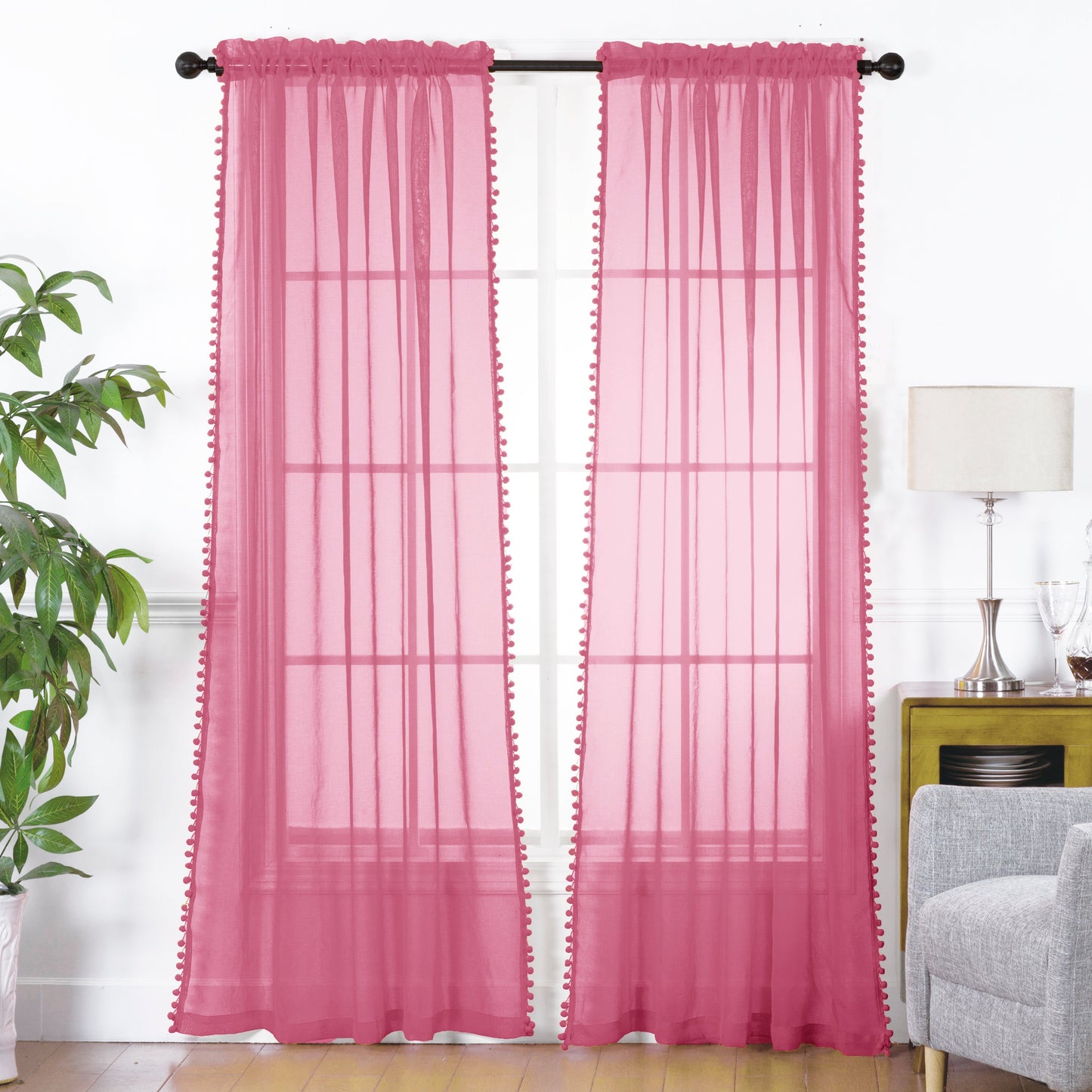 Luxury Bedding Outlet Pom Pom Tasseled Rod Pocket Sheer Curtain