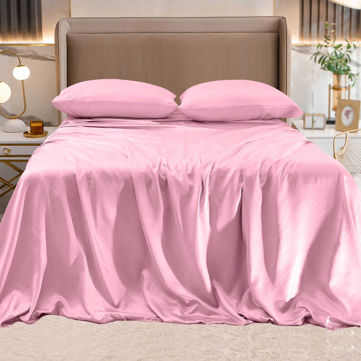 Luxury Bedding Outlet Fine 4-Piece Silky Satin Sheet Set, Bright Shades