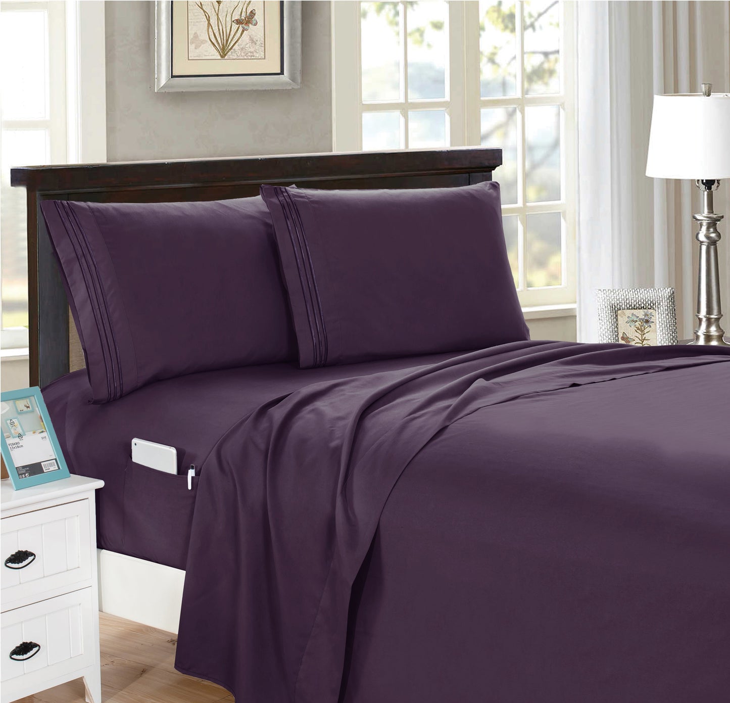 Luxury Bedding Outlet 4 Piece Double Sided Smart Pocket Bed Sheet Set