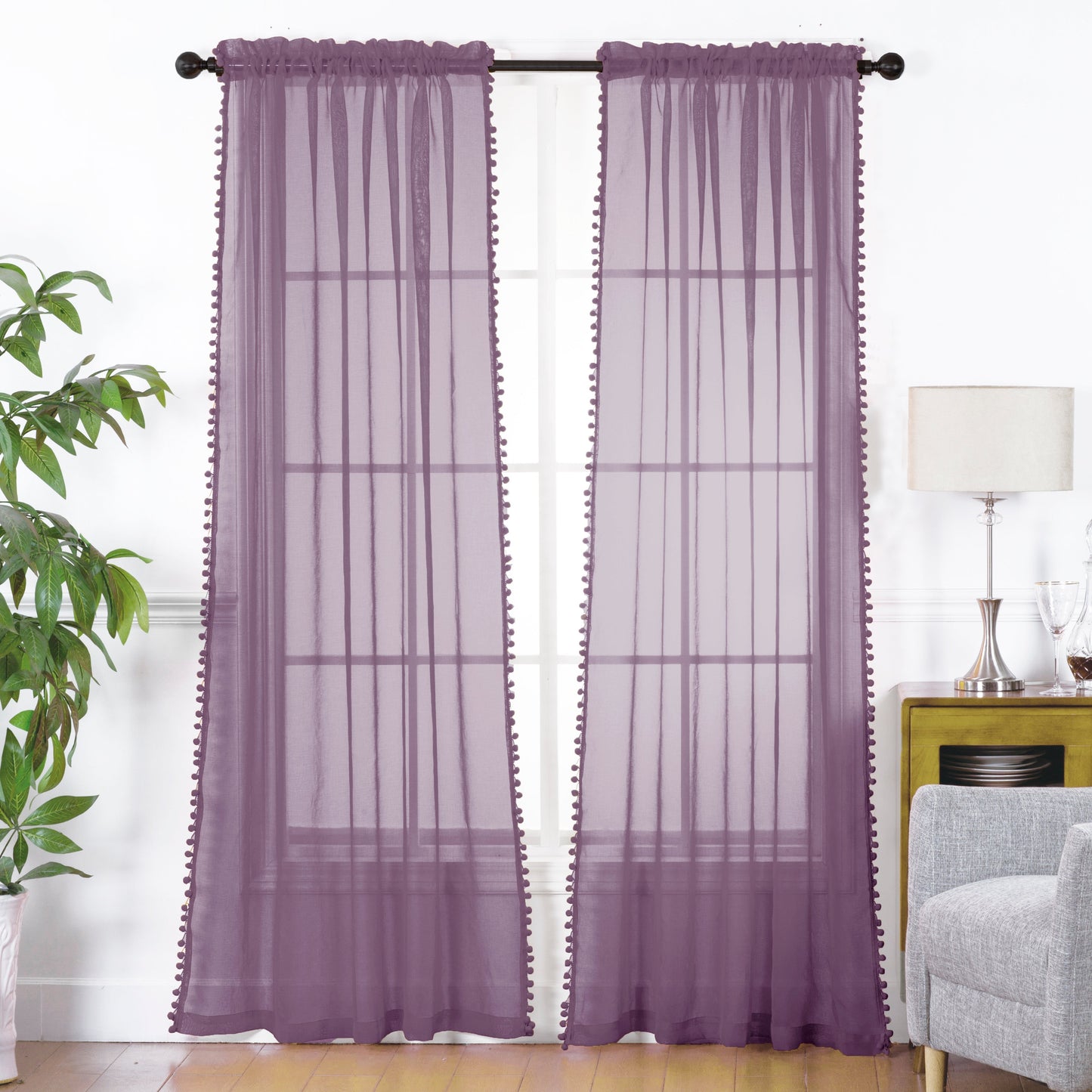 Luxury Bedding Outlet Pom Pom Tasseled Rod Pocket Sheer Curtain