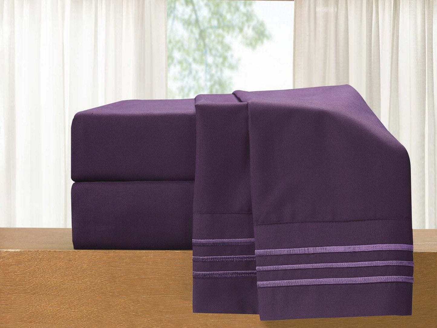 Luxury Bedding Outlet Premium Quality 4-Piece 3-Line Embroidery Sheet Set, Moody Shades