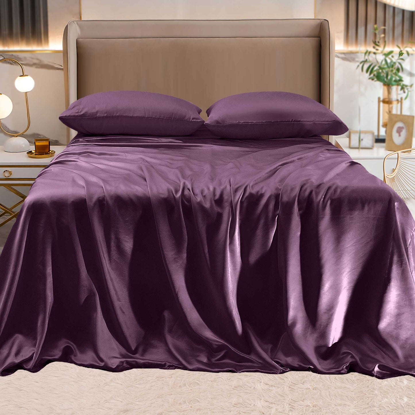 Luxury Bedding Outlet Fine 4-Piece Silky Satin Sheet Set, Bright Shades