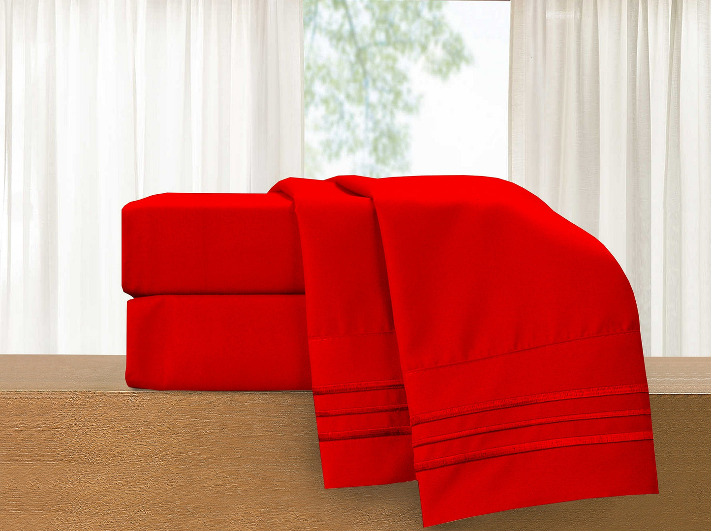 Luxury Bedding Outlet Premium Quality 4-Piece 3-Line Embroidery Sheet Set, Bright Shades