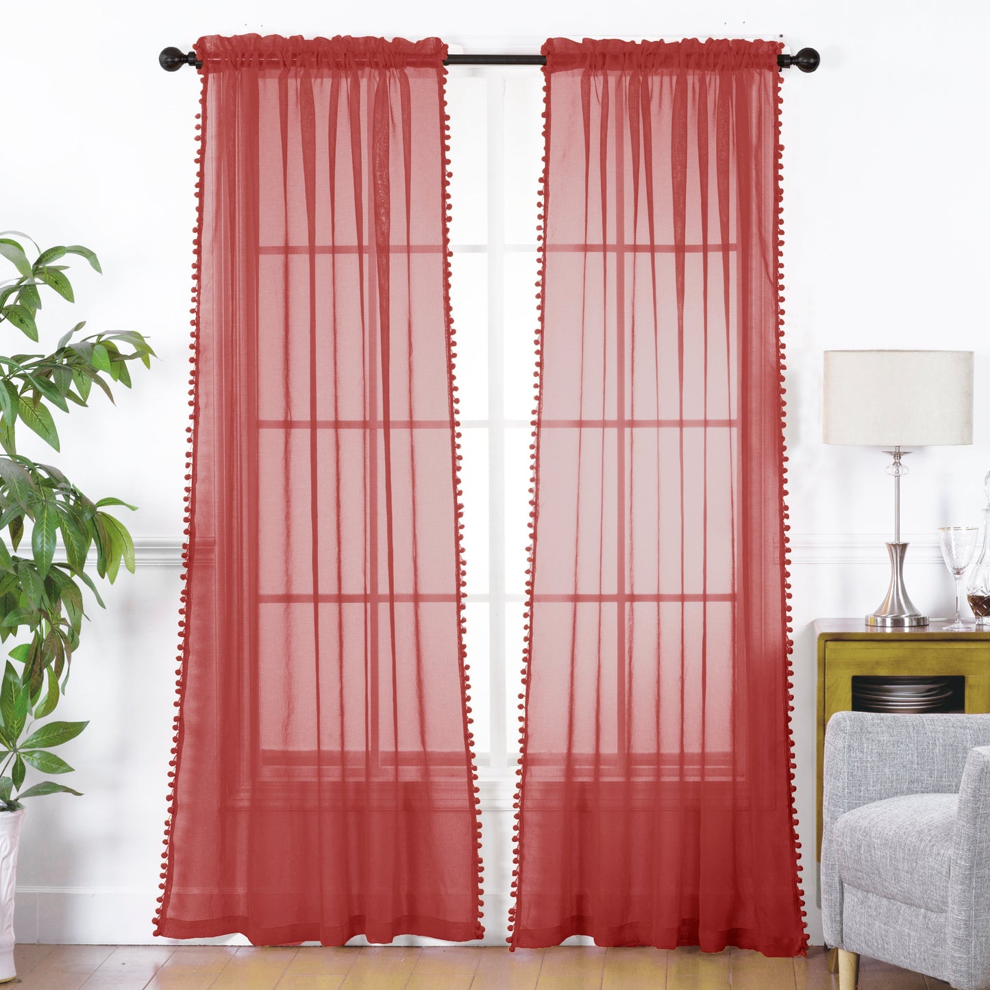 Luxury Bedding Outlet Pom Pom Tasseled Rod Pocket Sheer Curtain
