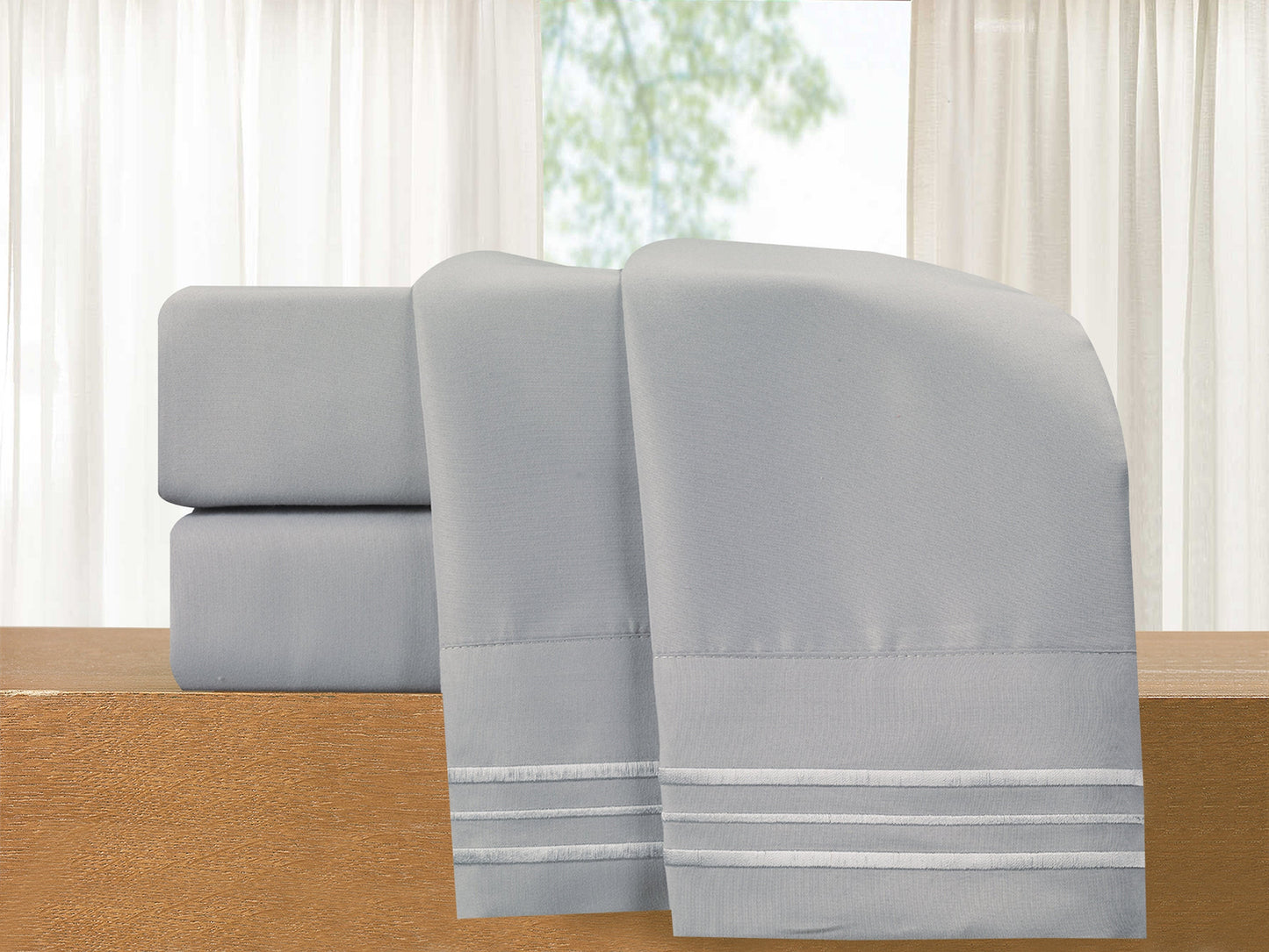 Luxury Bedding Outlet Premium Quality 4-Piece 3-Line Embroidery Sheet Set, Bright Shades