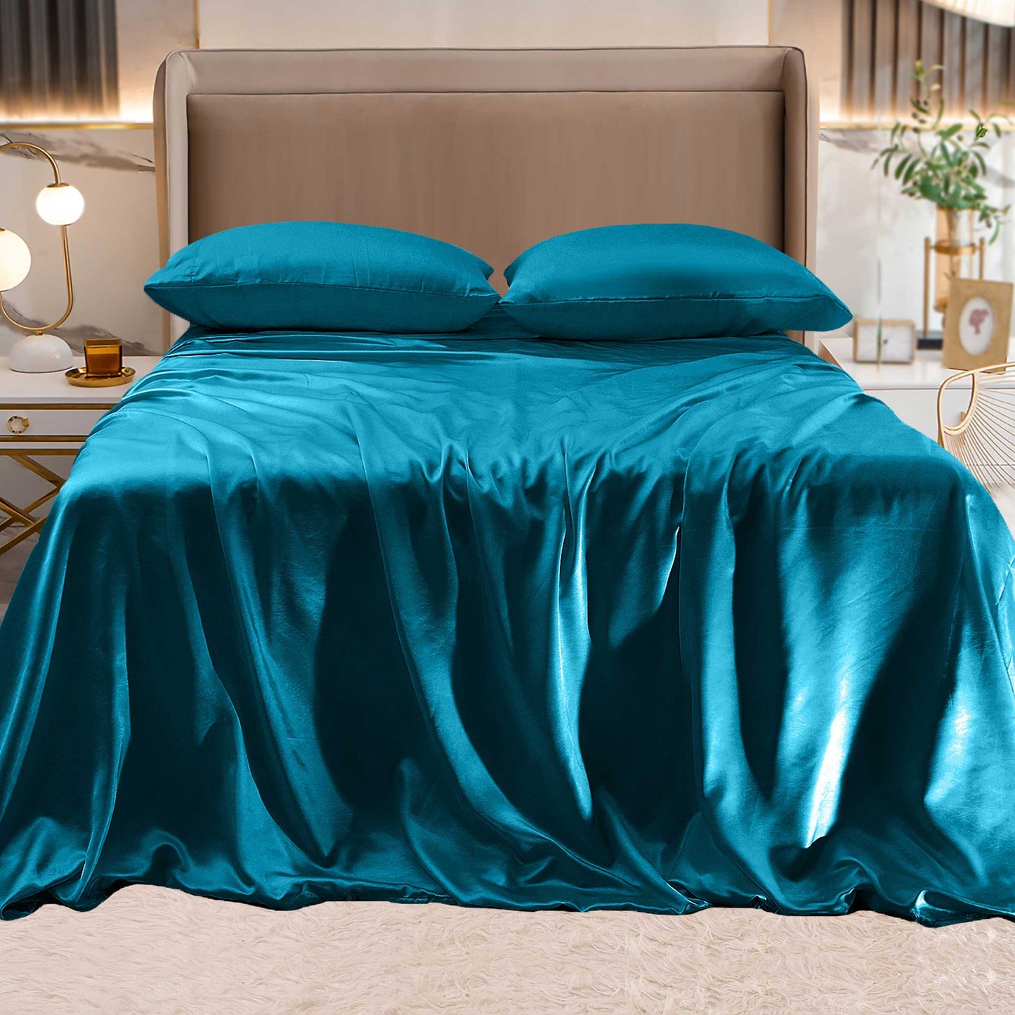 Luxury Bedding Outlet Fine 4-Piece Silky Satin Sheet Set, Bright Shades