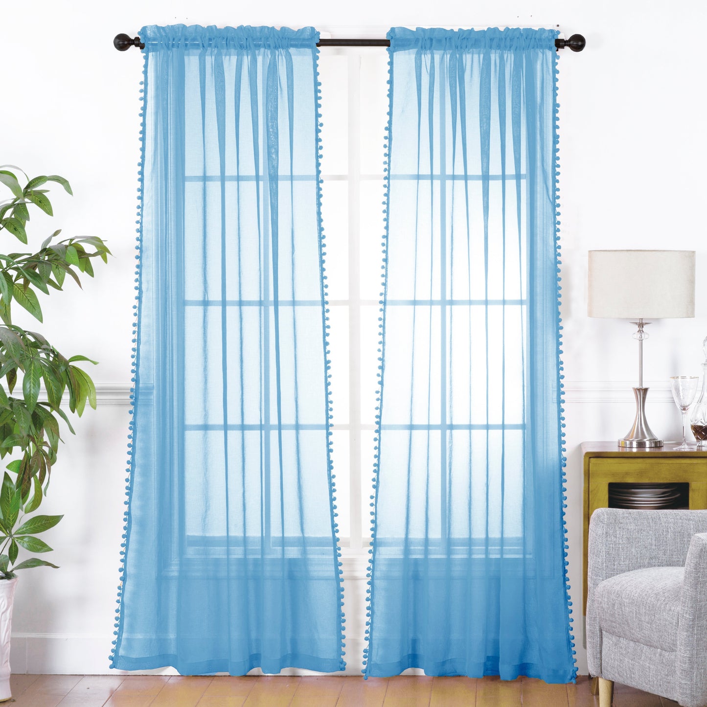Luxury Bedding Outlet Pom Pom Tasseled Rod Pocket Sheer Curtain