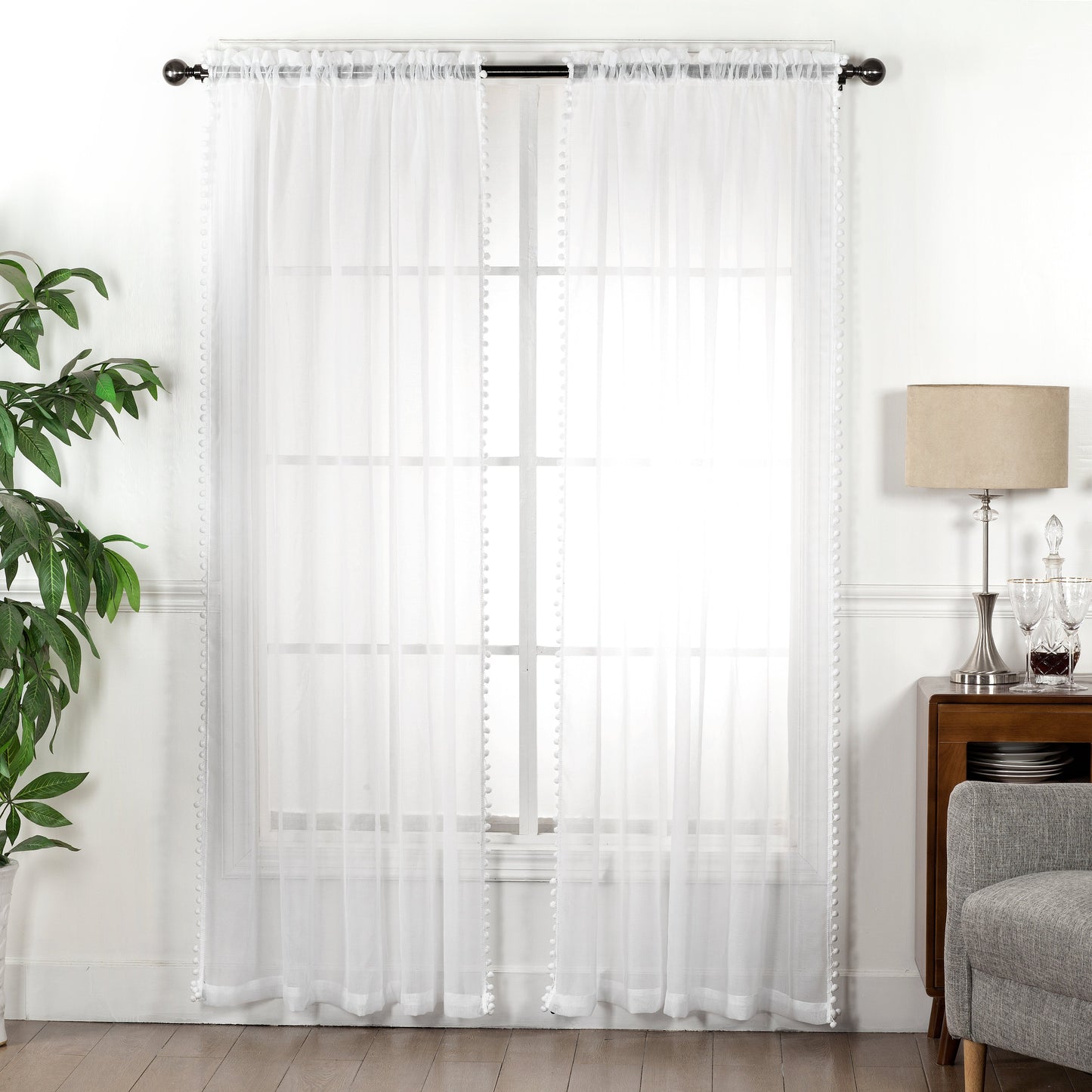 Luxury Bedding Outlet Pom Pom Tasseled Rod Pocket Sheer Curtain