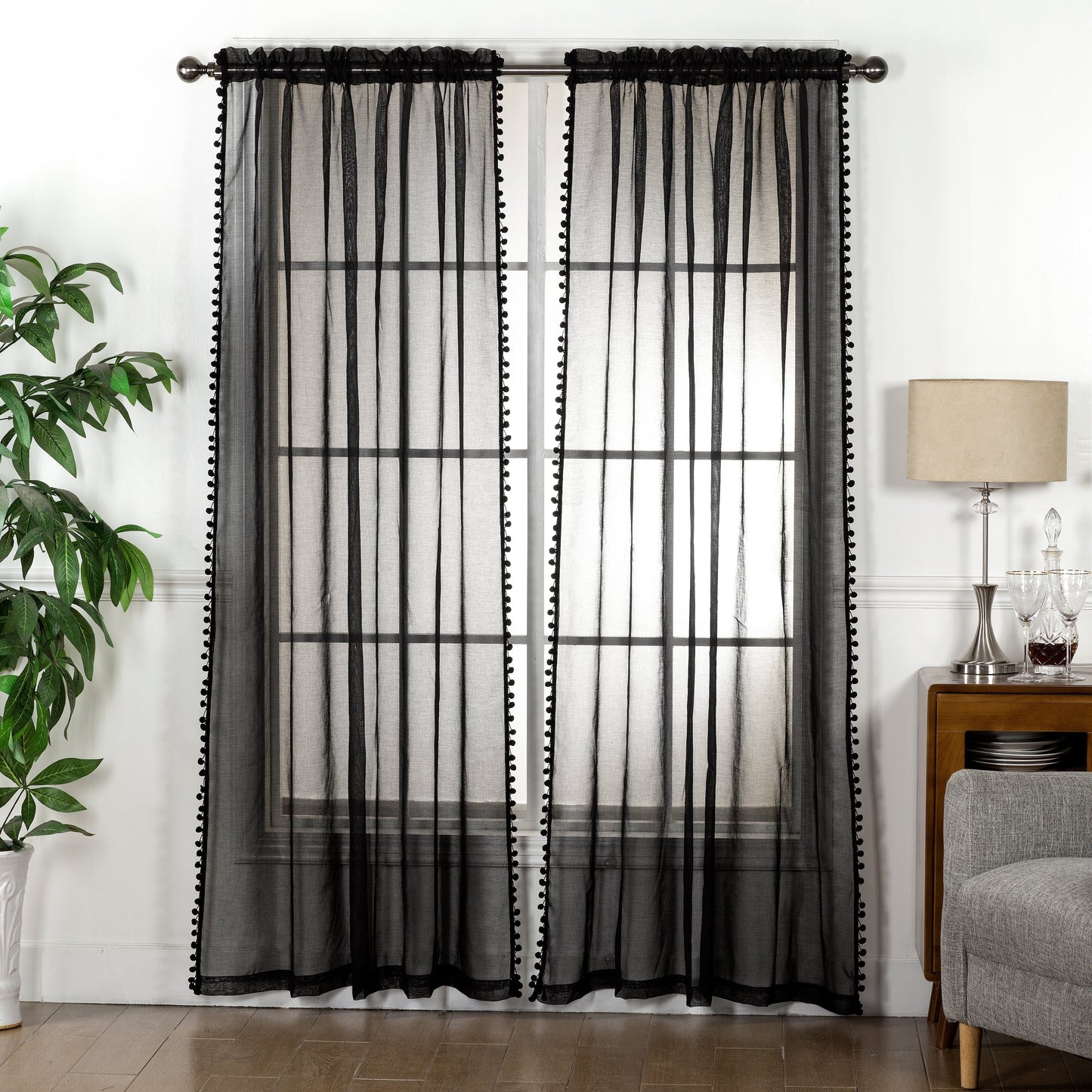 Luxury Bedding Outlet Pom Pom Tasseled Rod Pocket Sheer Curtain