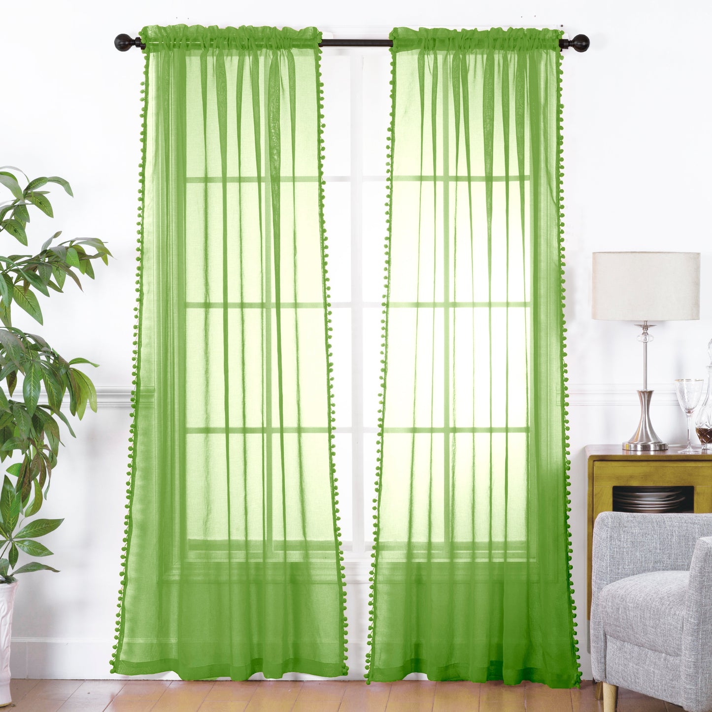 Luxury Bedding Outlet Pom Pom Tasseled Rod Pocket Sheer Curtain
