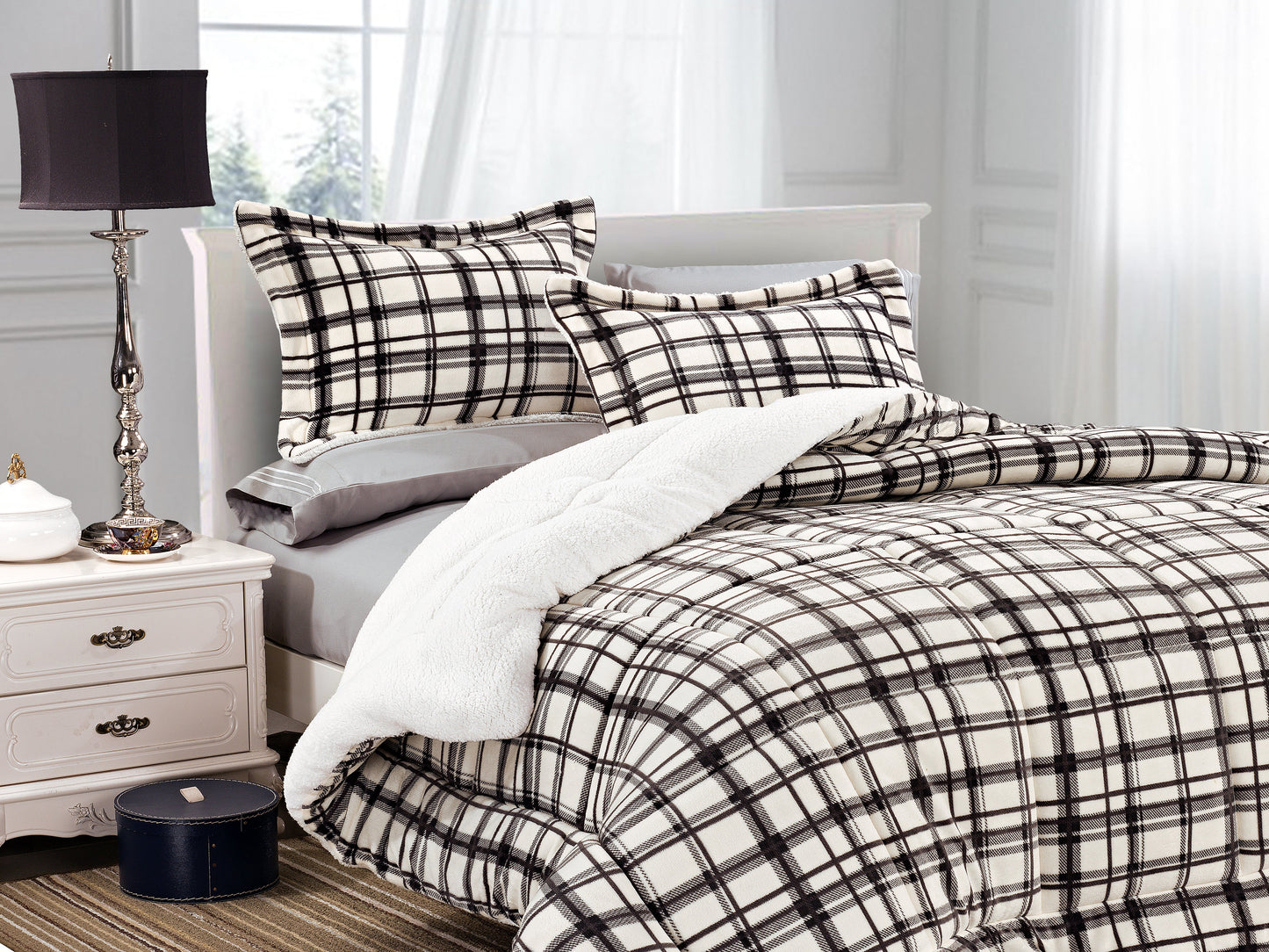 Luxury Bedding Outlet 3-Piece Plaid Micro-Suede Reversible Sherpa Comforter Set